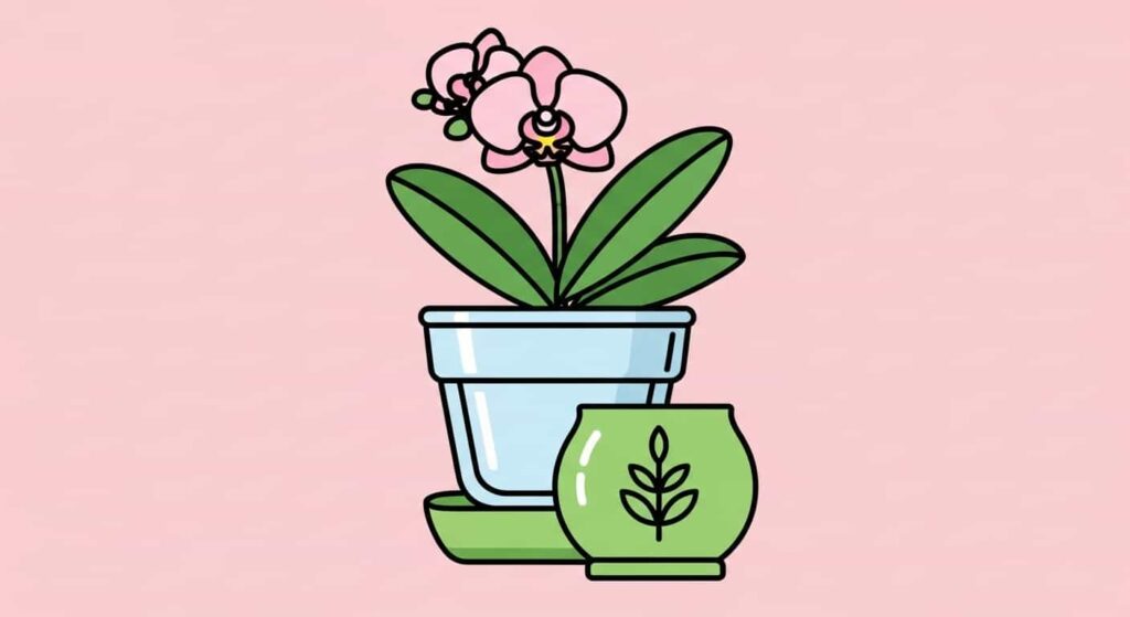 Cartoon illustration of a clear orchid pot inside a decorative cachepot.