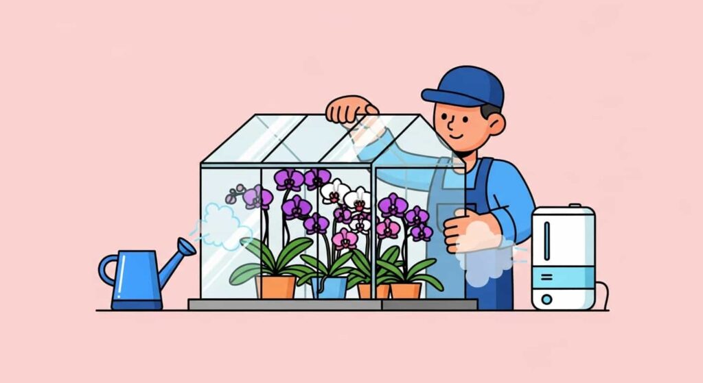 Cartoon of a grower tending to orchids in a greenhouse with tools on a light pink background