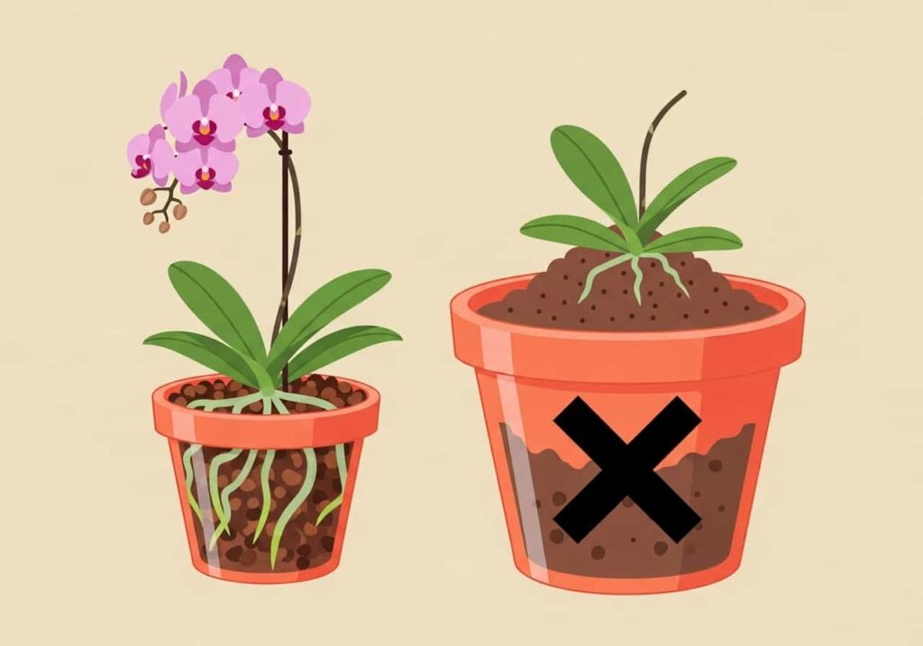Cartoon of two orchid pots, one correct with bark mix and one too big with an X, on a beige background