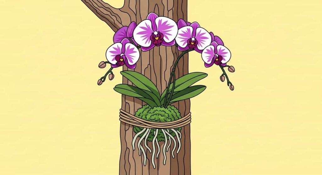 Cartoon orchids tied to a rough-barked oak tree with sphagnum moss, pale-yellow background