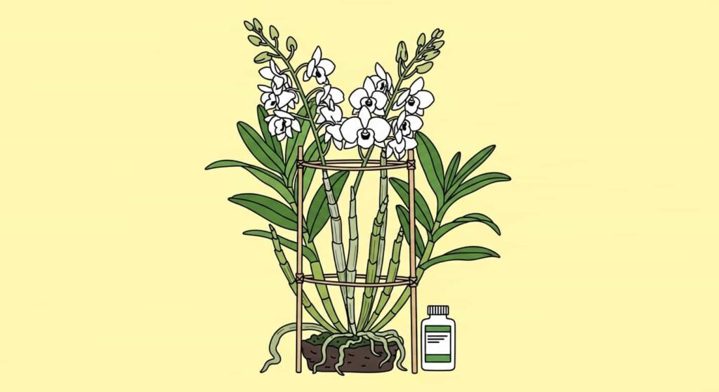 Cartoon of Dendrobium orchid with stakes, fertilizer, and healthy canes.