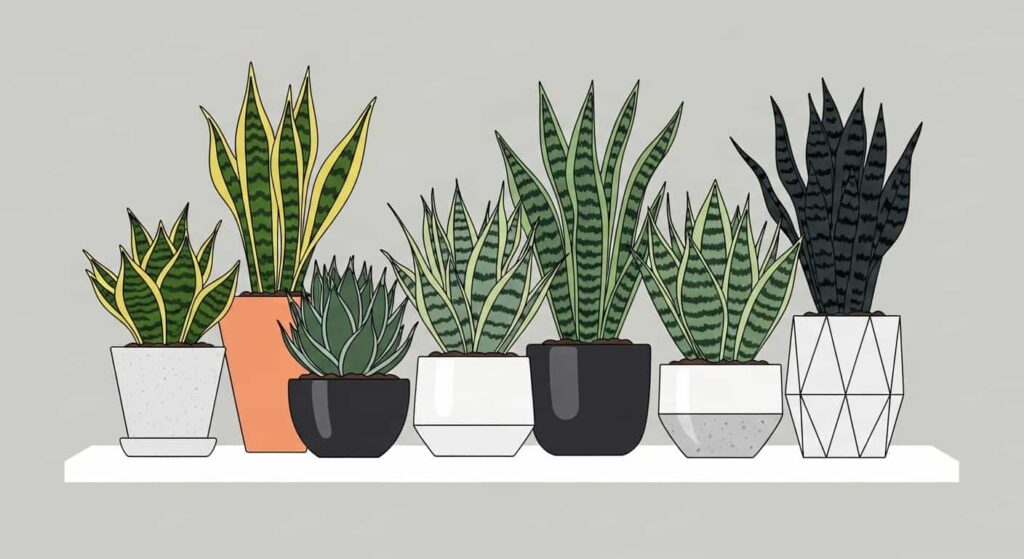 Different cartoon-style snake plant varieties displayed in decorative pots