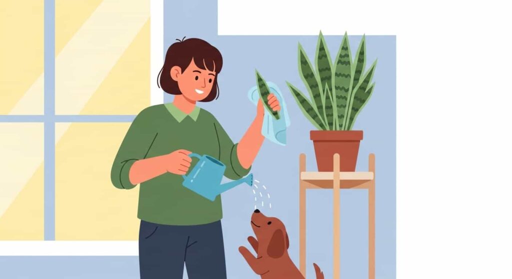 Cartoon illustration of a person happily caring for a snake plant with good placement and proper care
