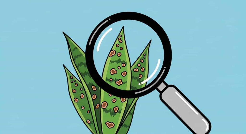 Flat illustration of magnifying glass examining snake plant brown spots