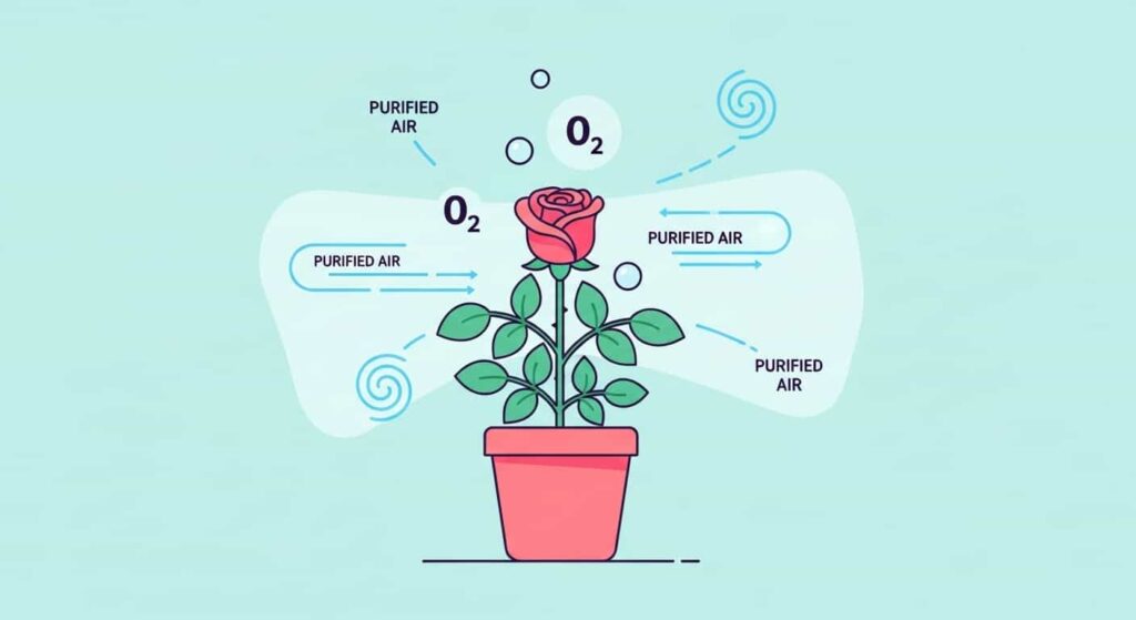 Cartoon illustration of an indoor rose improving home air quality