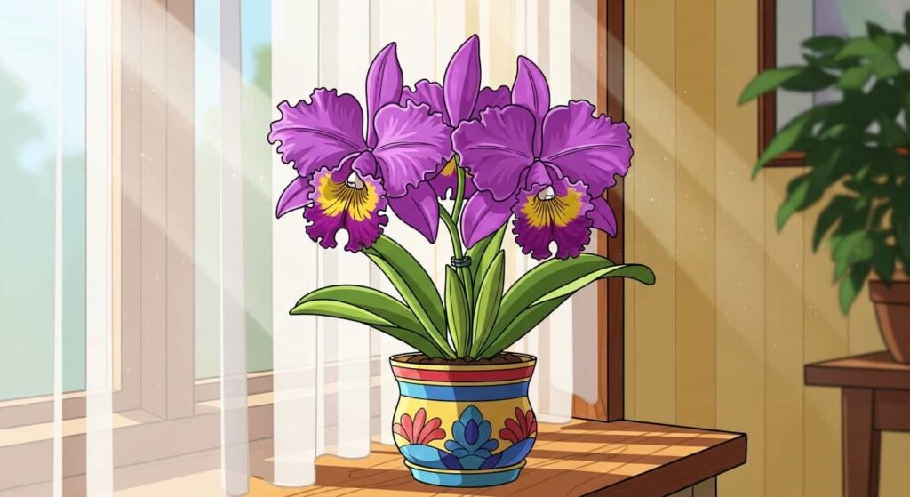Cartoon cattleya orchid in bloom with large purple flowers indoors.