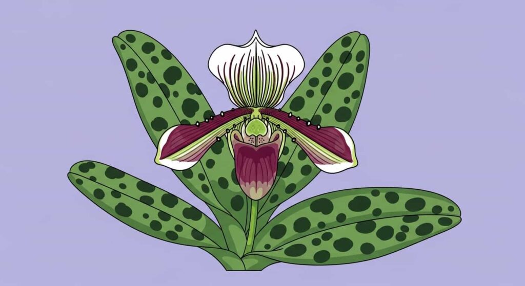 Cartoon of Paphiopedilum Maudiae slipper orchid hybrid for beginners on a flat lavender background