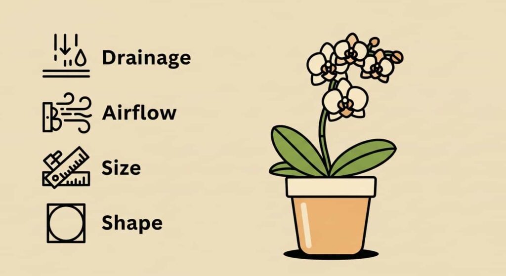 Cartoon illustration of an orchid potting checklist with simple icons and a small pot.