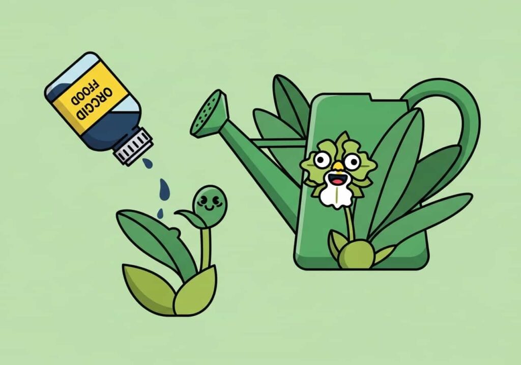 Cartoon of an Oncidium orchid being fed fertilizer through a watering can, on a light-green background