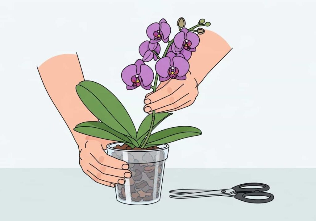 Flat cartoon of hands repotting orchid into new pot with fresh bark