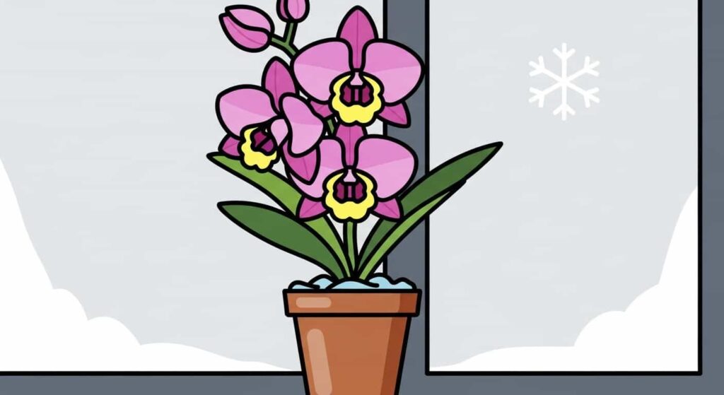Cartoon of a Dendrobium orchid in winter rest with snowflake outside window.