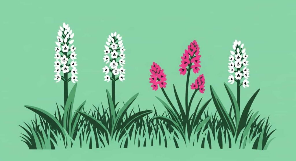 Cartoon Ladies’ Tresses and Grass Pinks blooming in a meadow, mint-green background