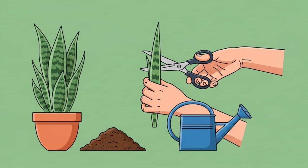 Flat illustration of pruning snake plant leaf to fix brown spots
