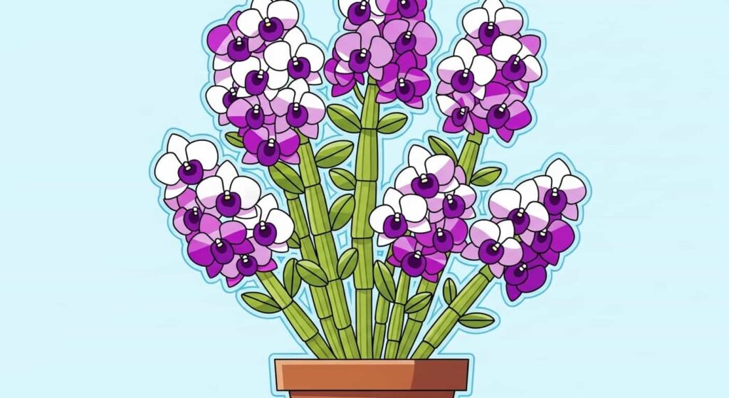 Cartoon dendrobium orchid with tall canes covered in white and purple blossoms.