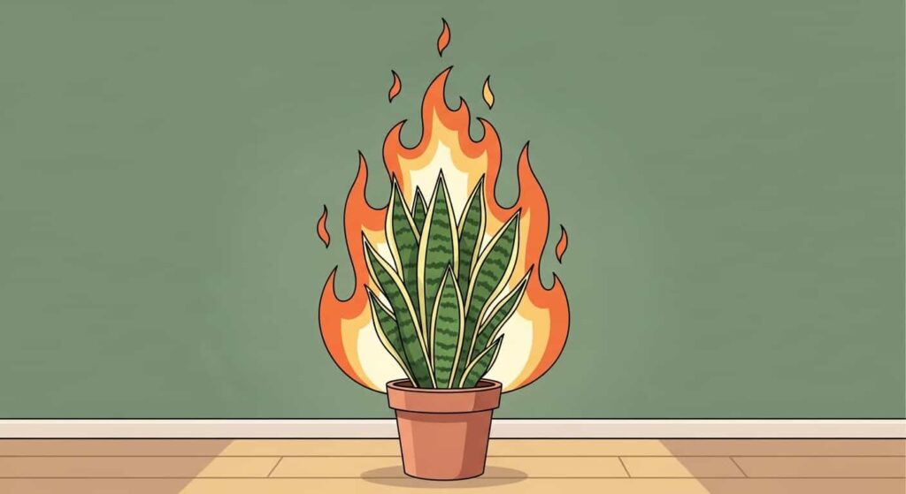 Snake plant boosting fame and reputation, symbolized by flames of success.