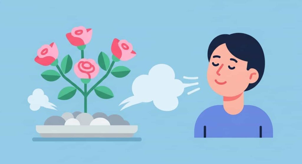 Cartoon illustration of indoor rose adding humidity to improve comfort