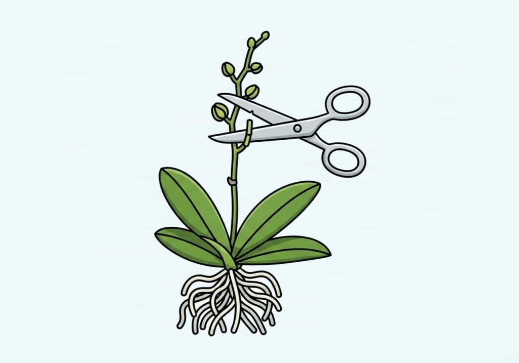 Flat cartoon of orchid flower spike being cut with scissors after flowering