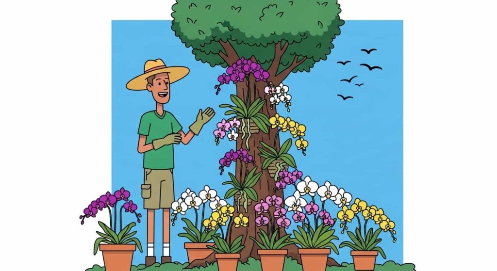 Cartoon Florida gardener enjoying orchids growing on trees and in pots, sky-blue background