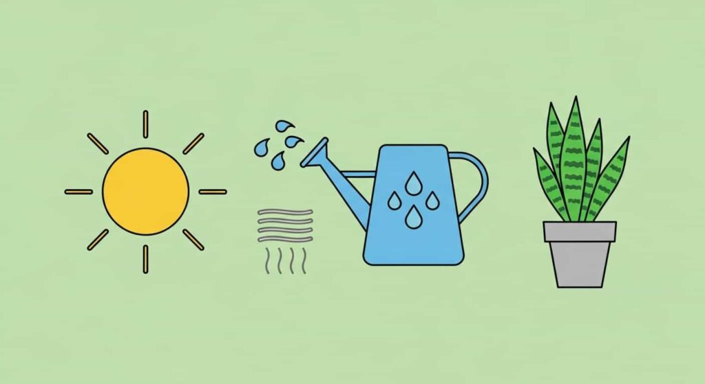 Flat illustration of prevention tips for healthy snake plant care