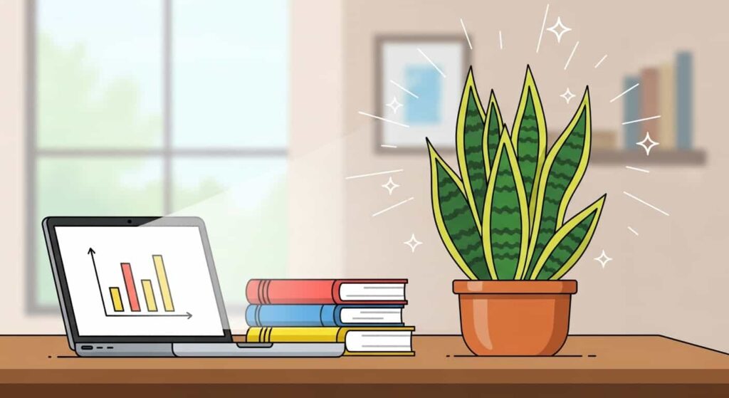 Snake plant in a home office supporting career growth and concentration.