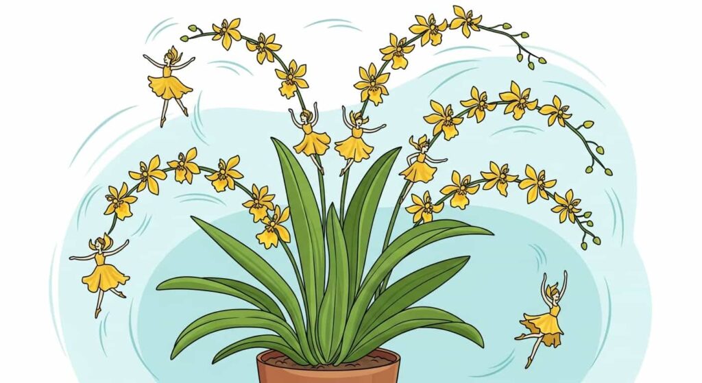 Cartoon Oncidium orchid with sprays of tiny bright yellow flowers nicknamed dancing lady.