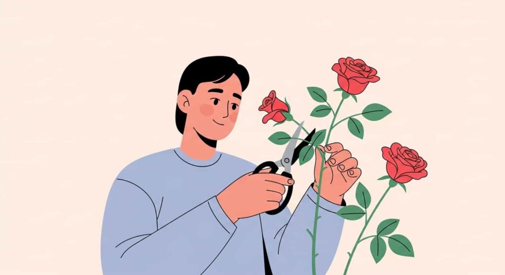 Cartoon illustration of indoor rose care reducing stress and improving mental health