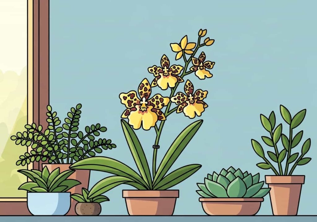 Cartoon of a blooming Oncidium orchid among houseplants on a windowsill, light-blue background