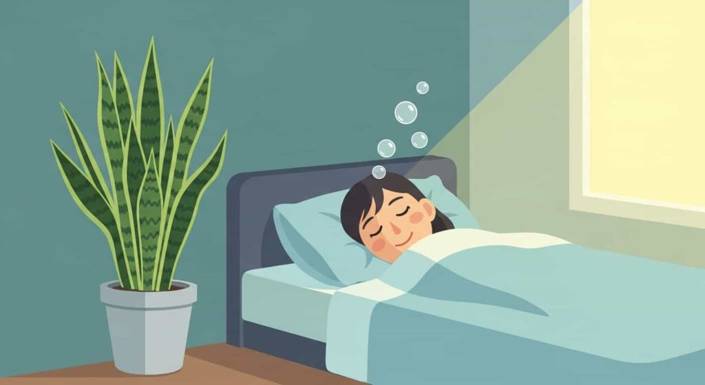 Snake plant in bedroom corner promoting restful sleep and protection.