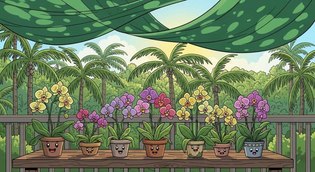Cartoon orchids growing on a Florida lanai with tropical background.