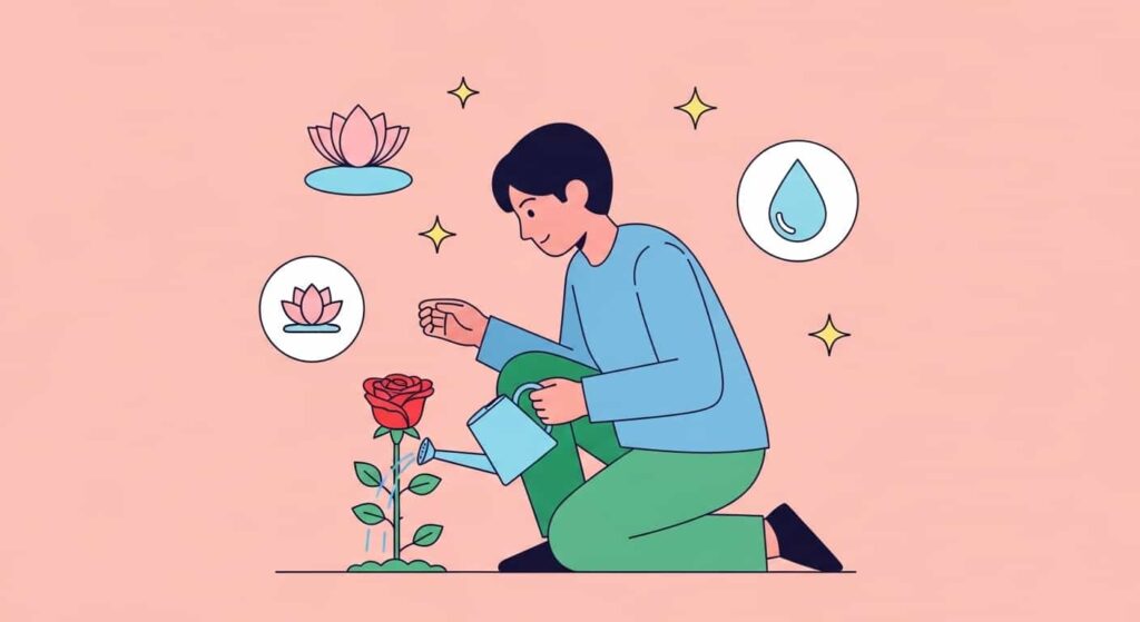 Cartoon illustration of caring for a rose as a mindfulness practice