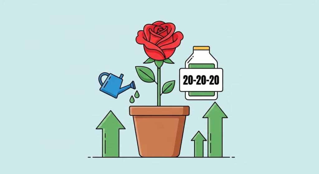 Cartoon image showing fertilizer routine for indoor roses to encourage blooming