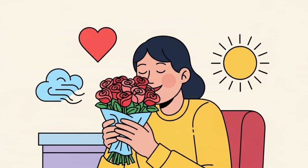 Cartoon image highlighting benefits of indoor roses: beauty, fragrance, and well-being