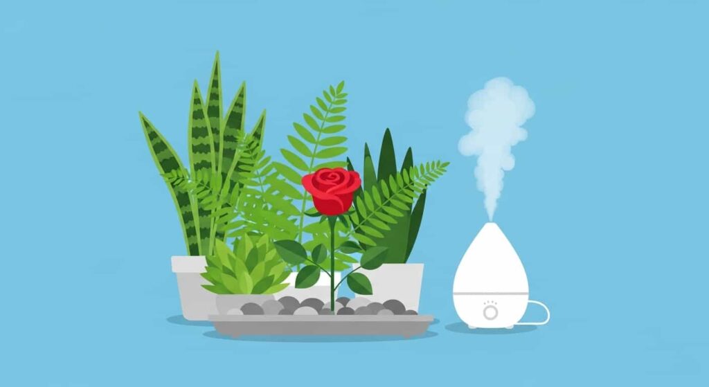 Cartoon image showing three methods of boosting humidity for a rose indoors