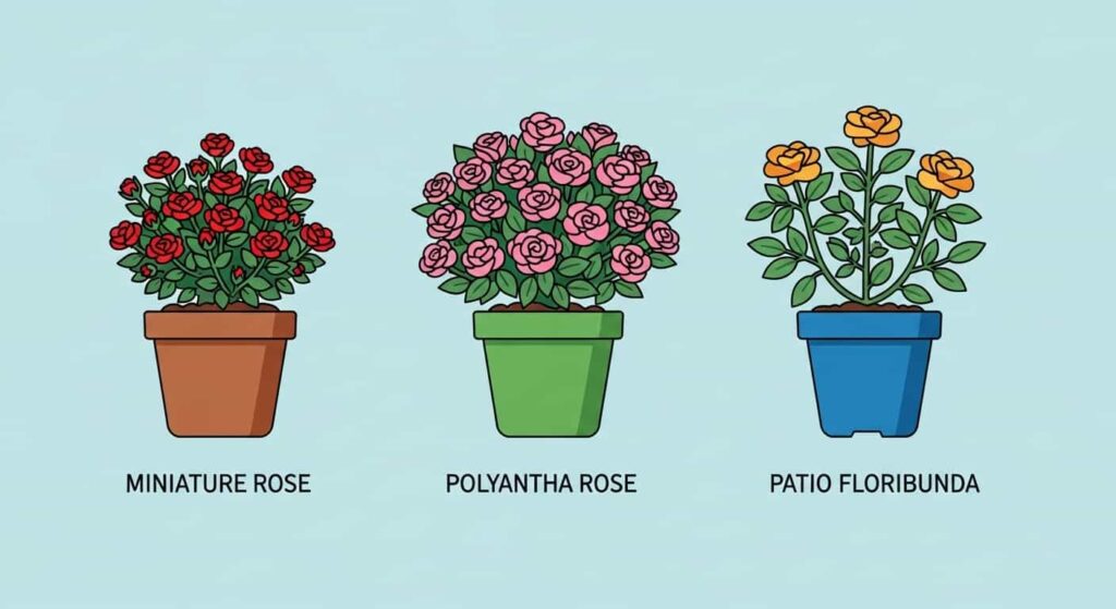 Cartoon image comparing miniature, polyantha, and patio roses in pots, showing best indoor varieties