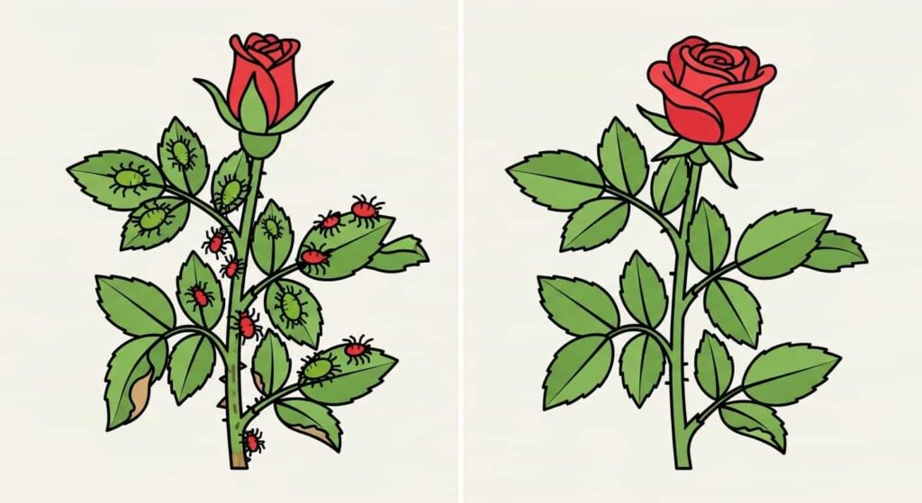 Cartoon image showing indoor rose challenges with pests and solutions for healthy growth