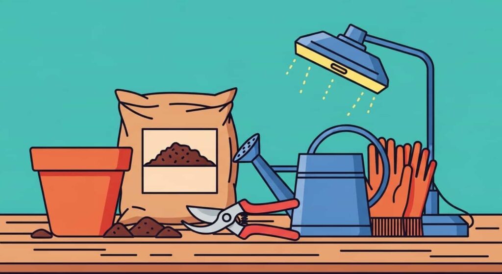 Cartoon image of indoor rose gardening supplies including pot, soil, watering can, and tools