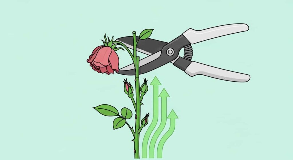 Cartoon image showing pruning and deadheading for healthy rose growth