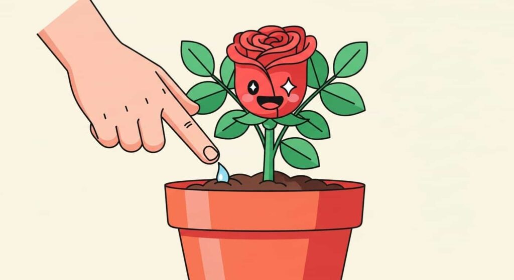 Cartoon image showing finger-test for soil moisture to determine watering needs