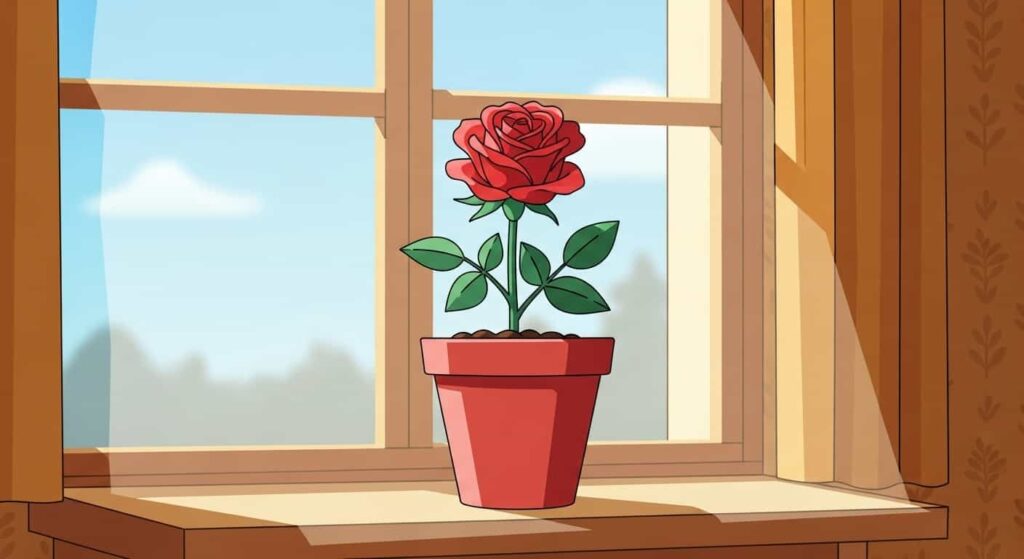 Cartoon image of a rose plant blooming on a windowsill, symbolizing the introduction to indoor rose gardening