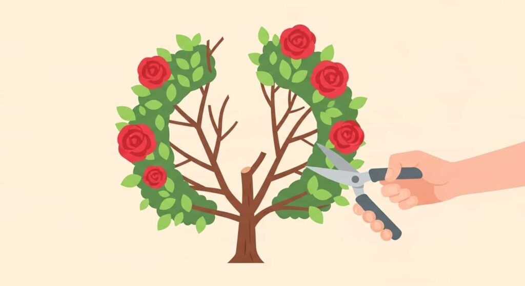 Cartoon image showing maintenance pruning for a balanced and healthy rose