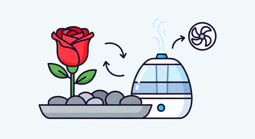 Cartoon image of humidity and airflow aids for healthy indoor roses