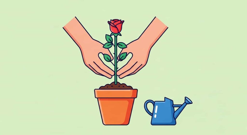 Cartoon image showing the process of planting a rose in a pot for indoor gardening