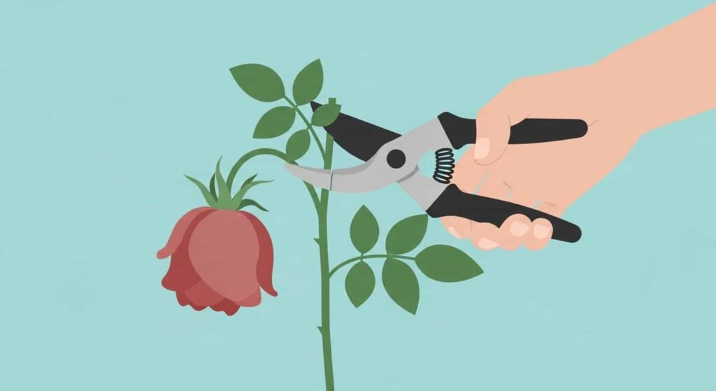 Cartoon image of deadheading a rose at the correct spot