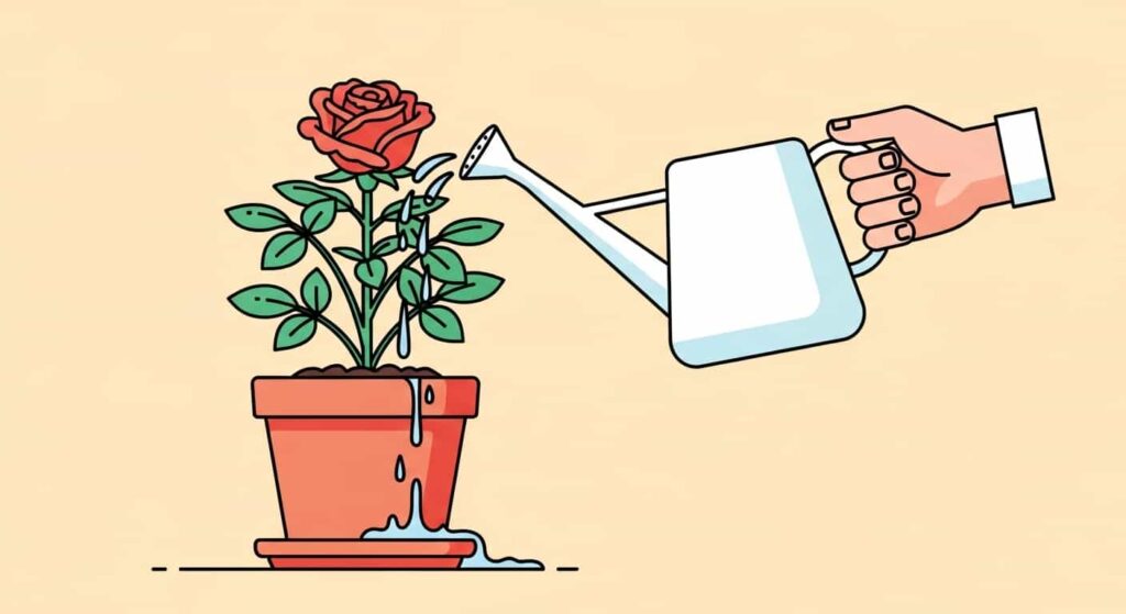 Cartoon image of proper watering technique for a rose plant in a pot