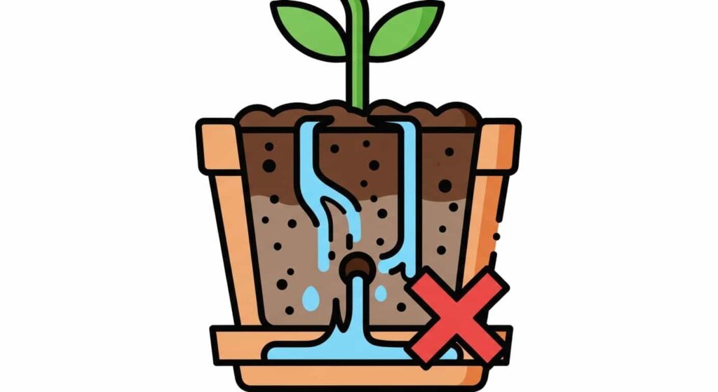 Cartoon image showing thorough watering and draining technique for indoor roses