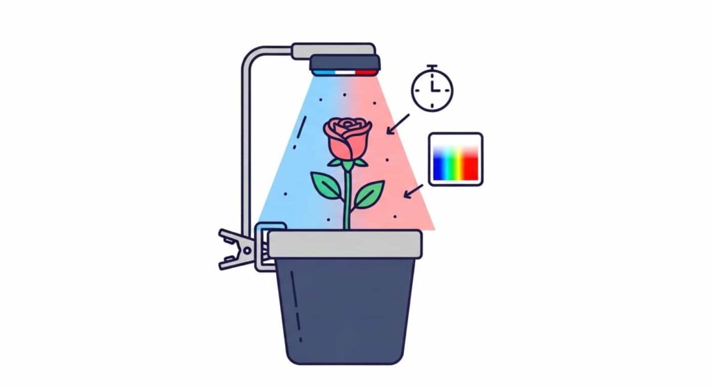 Cartoon image of a rose under a supplemental LED grow light with timer and spectrum symbols.