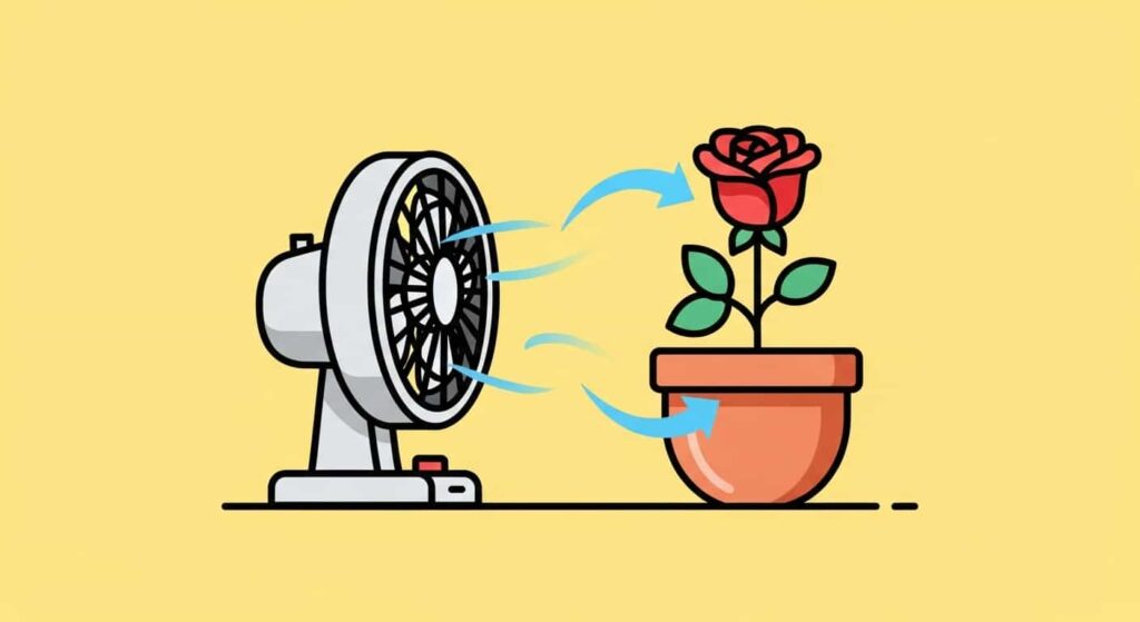 Cartoon image of using air circulation to keep indoor roses healthy
