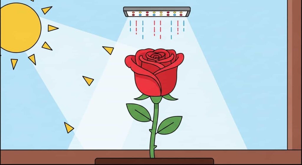Cartoon image of a rose plant under sunlight and a grow light, symbolizing the importance of light for roses.