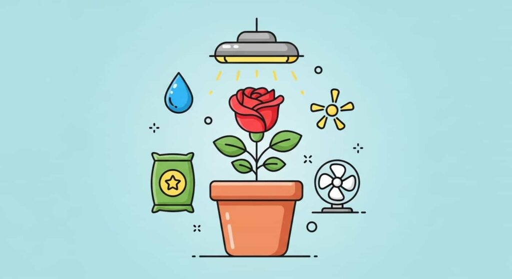 Cartoon image of a healthy rose indoors with light, water, fertilizer, and air circulation care symbols