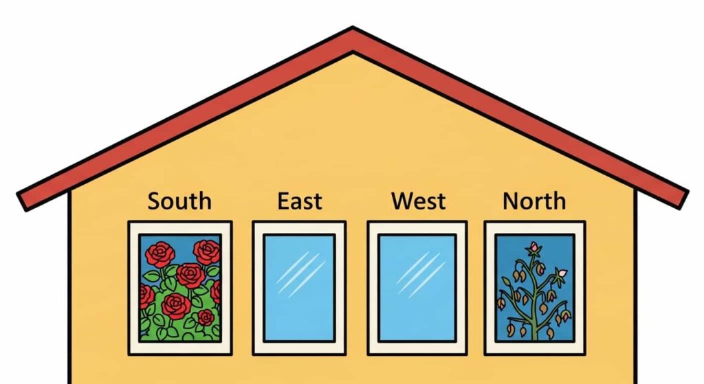 Cartoon image showing a rose thriving in a sunny south-facing window and weak in a north-facing window